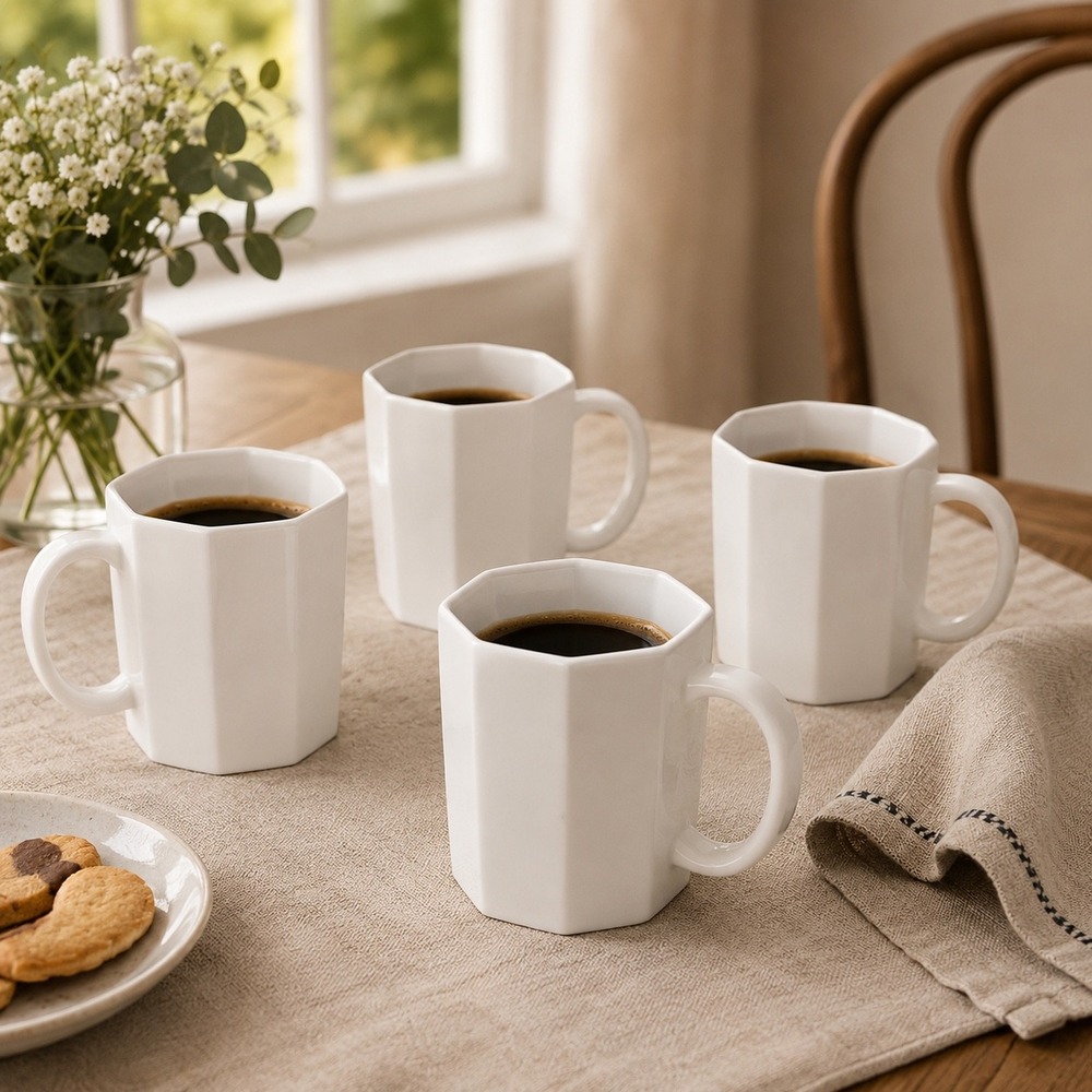 Arcoroc France White Milk Glass Octagonal Coffee Mugs Set‎ of 4 Vintage Octagon